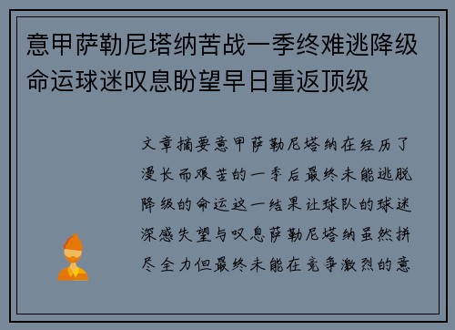 意甲萨勒尼塔纳苦战一季终难逃降级命运球迷叹息盼望早日重返顶级
